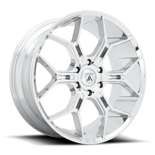 A shiny chrome car wheel with a multi-spoke design and a central logo.