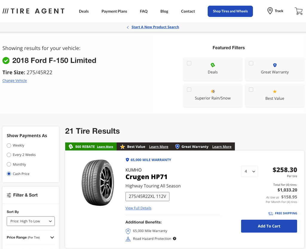 A snapshot of 21 tire suggestions for the Ford F150 truck, including a Kumho Crugen HP71 highway touring all season tire.