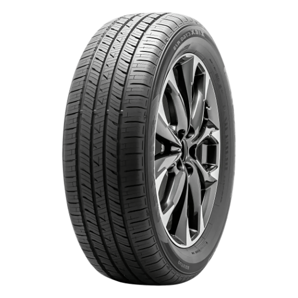 A Falken ZIEX CT60 all season tire is mounted on a polished chrome wheel.