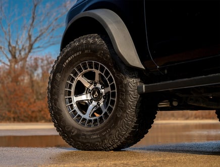 Close-up of a vehicle's Goodyear Territory MT tire on a shiny alloy wheel, with mud flaps and a background of bare trees and clear sky.