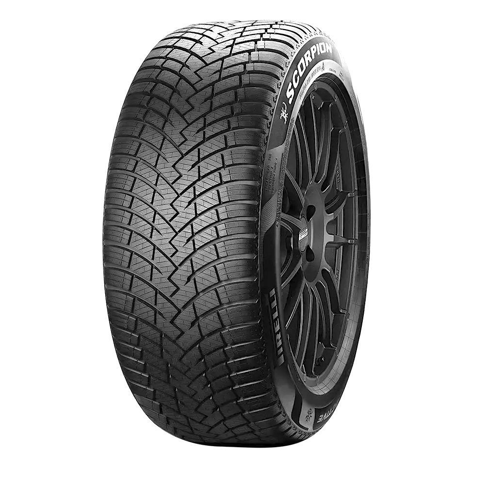 Close-up of a black car tire with the brand name 'Scorpion' visible on the sidewall and a detailed tread pattern.