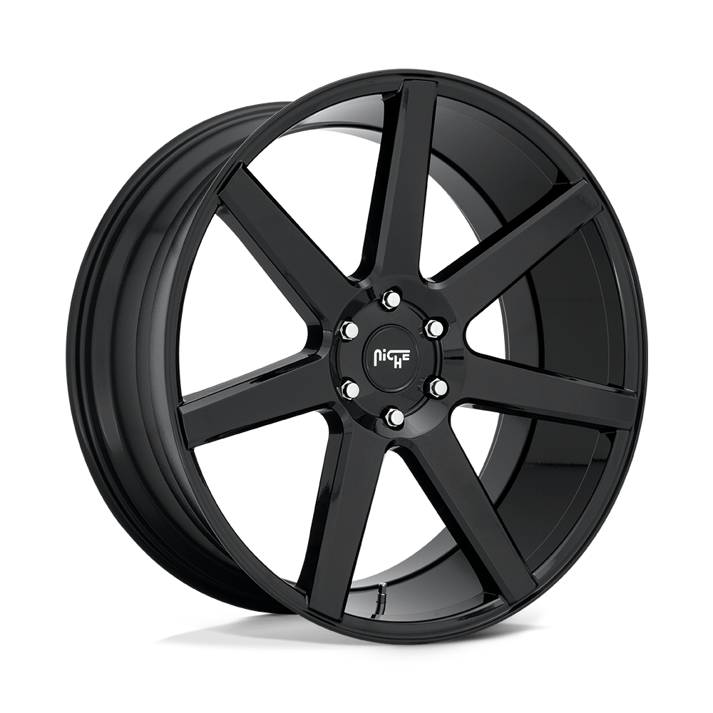 A black alloy wheel with a five-spoke design and a glossy finish, featuring the "Niche" logo at the center.