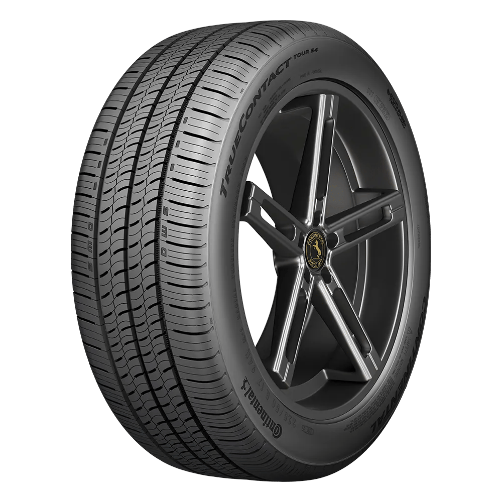 front side view of a continental true contact tour 54 tire mounted on a black five-spoke rim