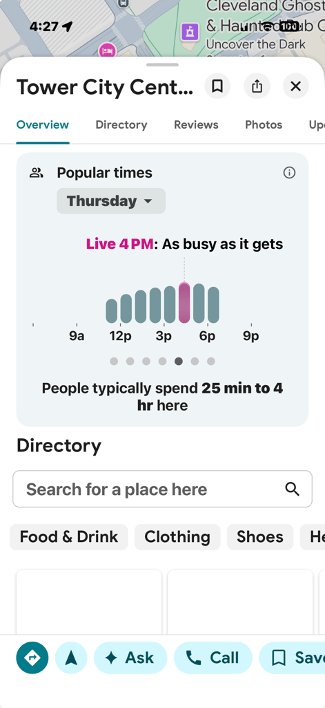 Screenshot of Google Maps showing the busiest time to travel to Tower City Center (in downtown Cleveland) is around 4 p.m. Best times to travel are between 9 a.m. and 11 a.m. and after 7 p.m.&nbsp;&nbsp;