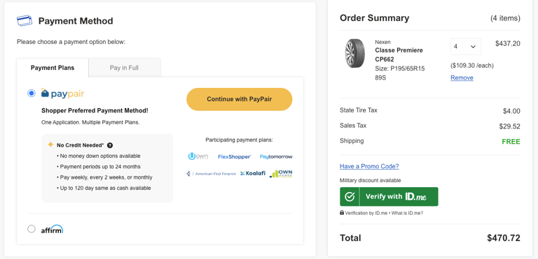 Screenshot showing an example of Payment Plans and paypair selected with four tires selected and Continue with Paypair as an option.