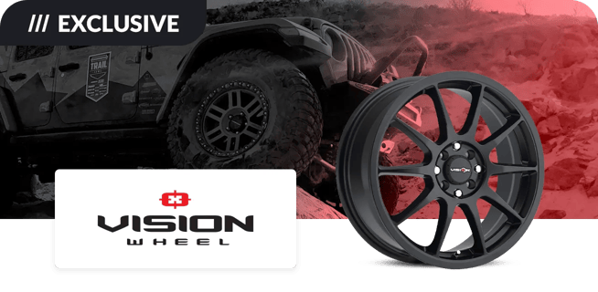 Image featuring a black Vision Wheel design with a rugged off-road vehicle in the background and the Vision Wheel logo displayed prominently.