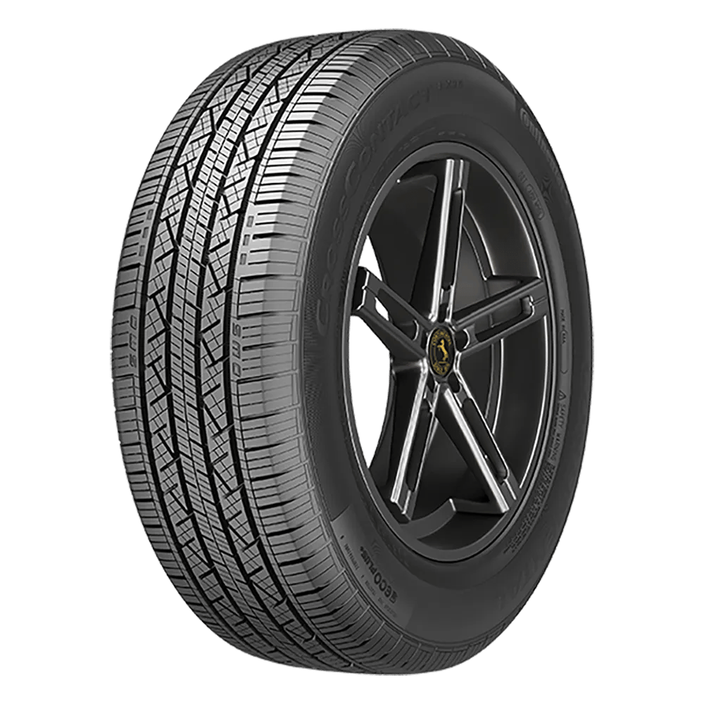 A CrossContavt tire with a five-spoke alloy wheel design, featuring detailed tread patterns designed for grip and traction for a Toyota RAV4.