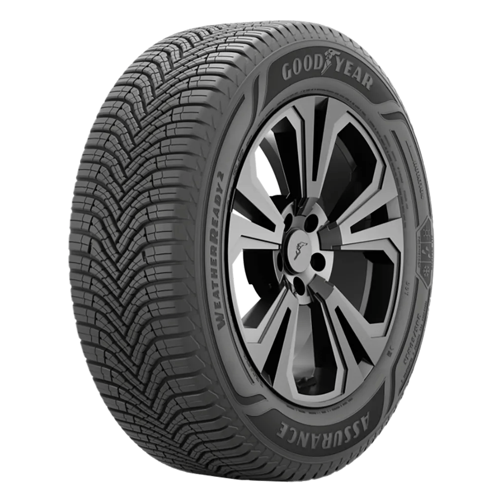 A Goodyear Assurance Weather Ready 2 tire mounted on a black matte finish wheel.