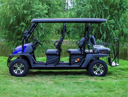A blue and black golf cart with a convertible roof parked on grass, featuring four seats and a cargo area at the back, with a lake and trees in the background.