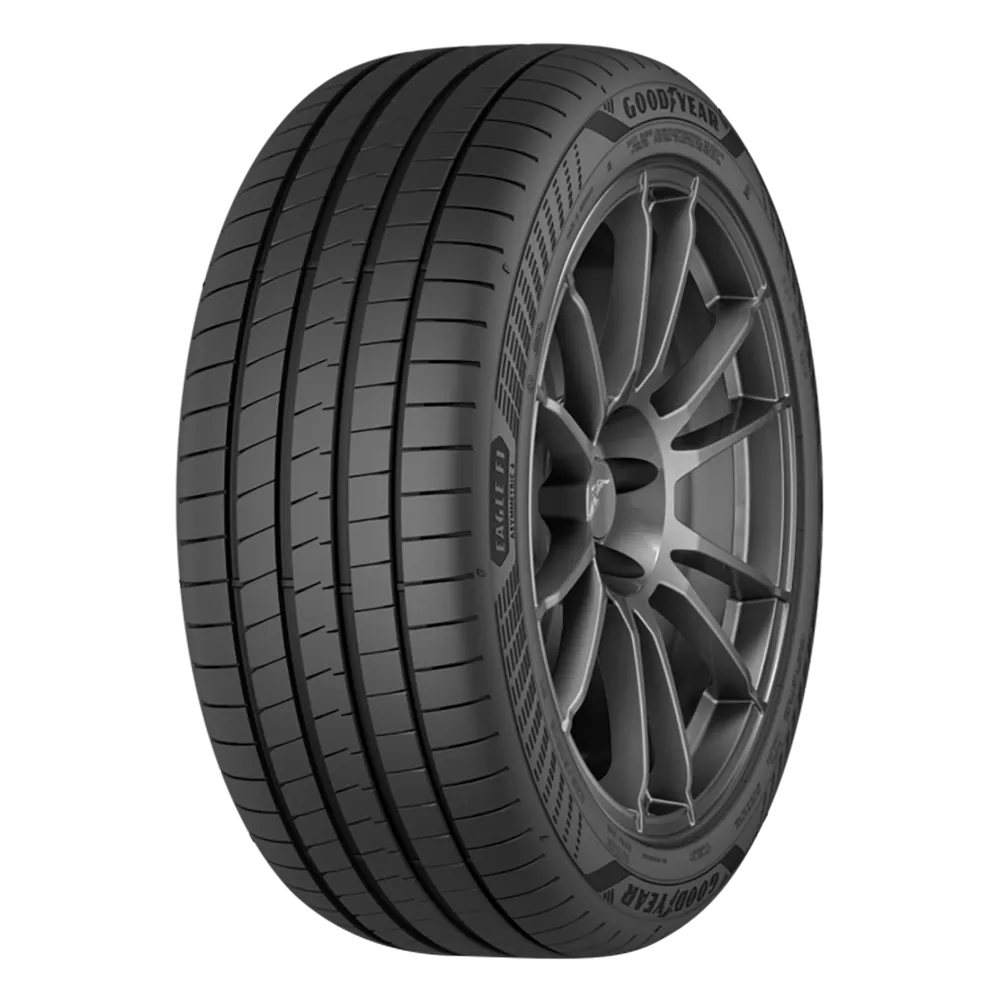 A Goodyear Eagle F1 asymmetric 6 summer tire mounted on a matte black wheel.