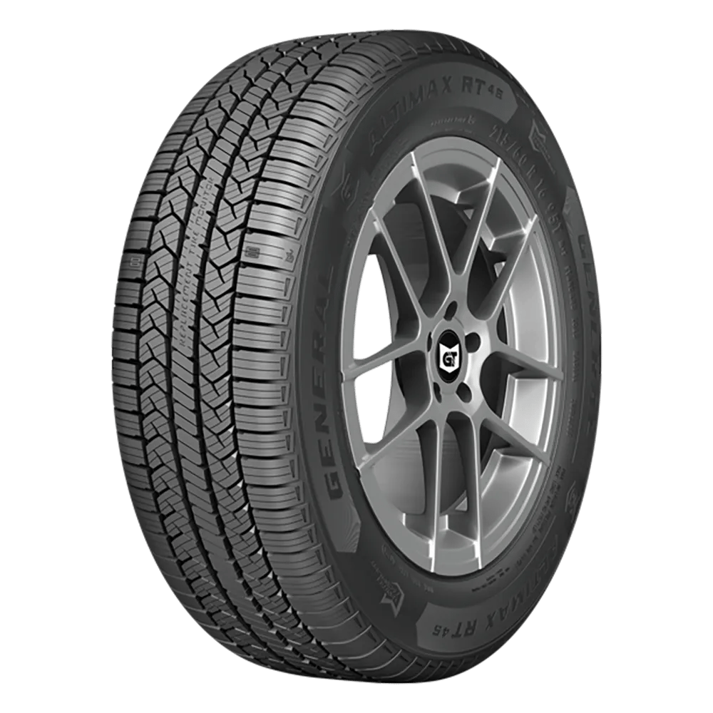 A car tire with a detailed tread pattern and a silver alloy wheel, branded with "General Altimax RT43."