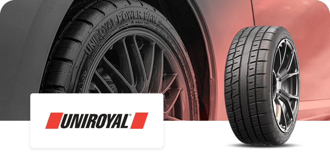 A Uniroyal tire alongside a car with a Uniroyal logo at the bottom left corner, showcasing the tire's design and tread pattern.