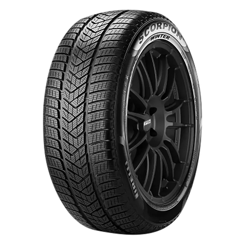 A front side view of Pirelli Scorpion Winter tire on a black-finished rim. 