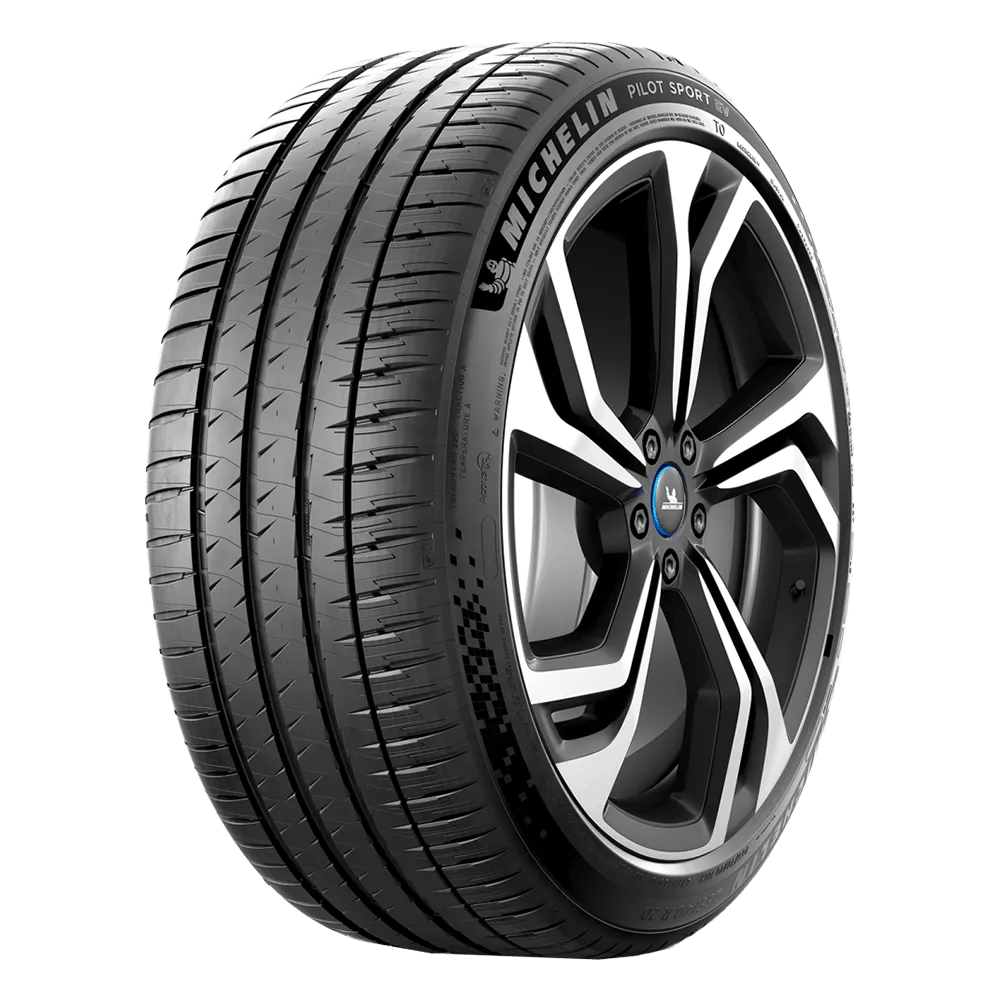 right front view of a michelin pilot sport ev tire mounted on a five spoke alloy rim.