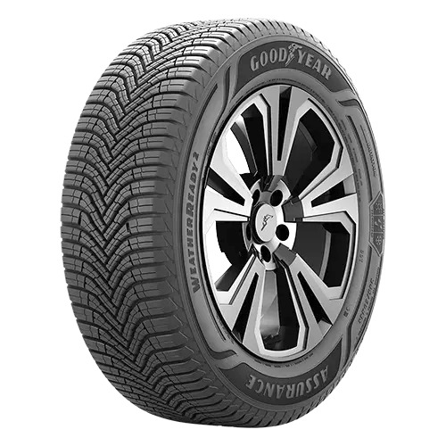 Goodyear Assurance WeatherReady tire with alloy wheel and tread pattern.