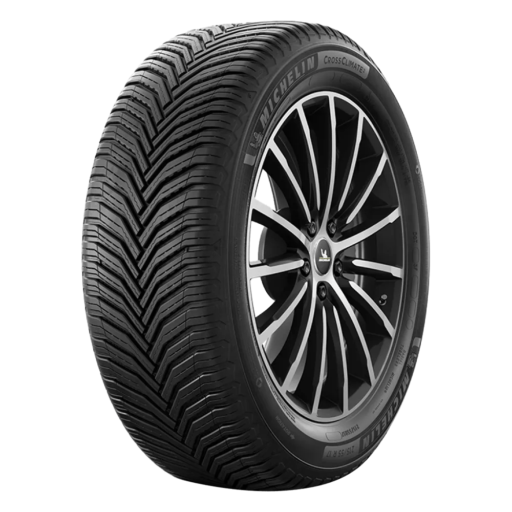 A Michelin CrossClimate tire from the front and side view.