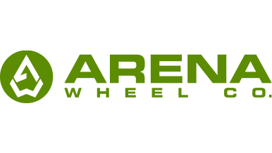 Logo of Arena Wheel Co. featuring green text with a stylized 'A' emblem inside a circle on the left.