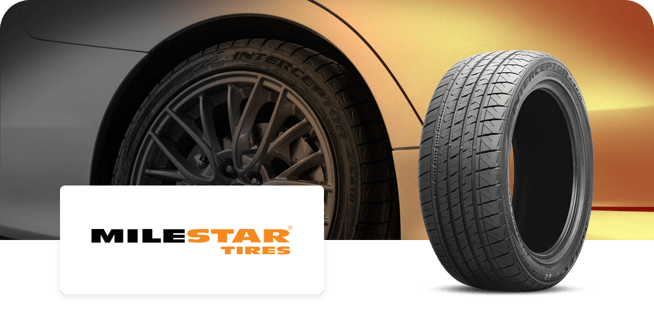 A Milestar tire with a detailed tread pattern is featured next to a car wheel, set against a gradient background. The Milestar Tires logo is displayed prominently in the foreground.