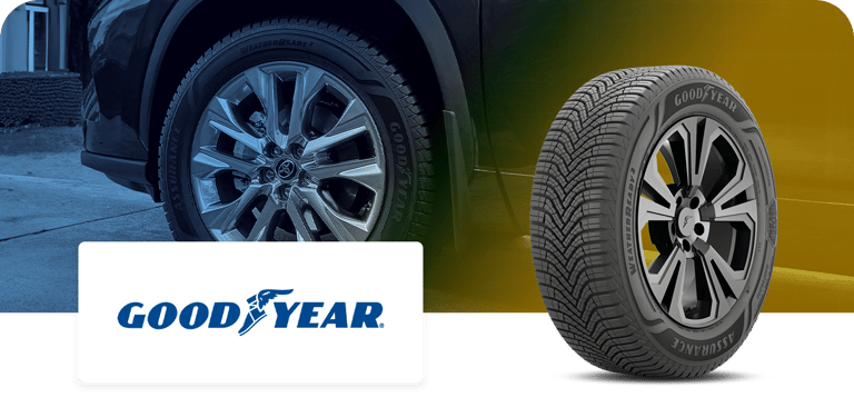A Goodyear Assurance WeatherReady tire is shown both mounted on a car and as a separate model, along with the Goodyear logo above the brand's name on a white background.
