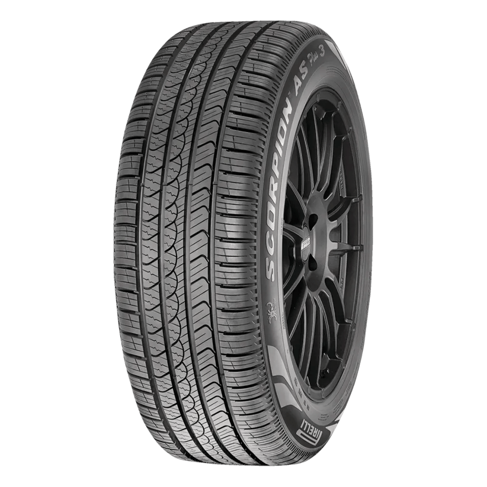 A Scoprioin AS Plus 3 tire is mounted on a black wheel with Pirelli logo in the middle.