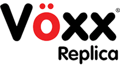 Logo of "Vöxx Replica" with the "Vöxx" in bold black letters and a red umlaut over the "o", and "Replica" in smaller black letters.