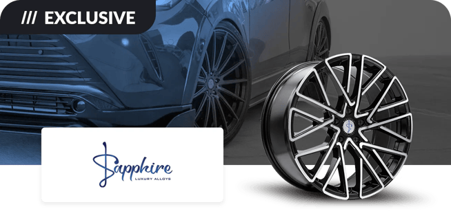 A promotional image featuring a luxury car with black alloy wheels and a close-up of a stylish black and silver alloy wheel design. The top left corner displays the word 'EXCLUSIVE,' and below it, the logo for Sapphire Luxury Alloys is shown.