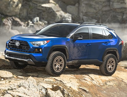 A blue Toyota SUV with off-road features parked on a rocky terrain, showing a robust front grille, large tires, and a rugged appearance.