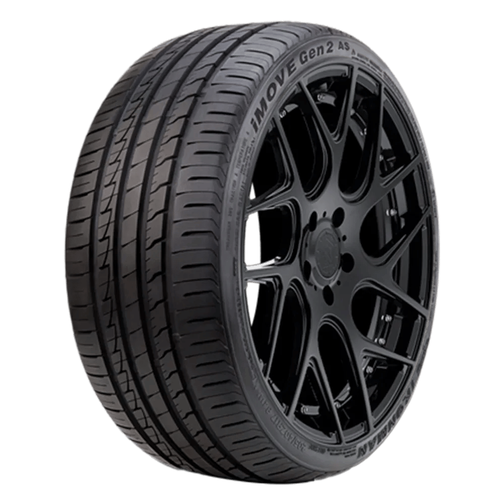 A black iMOVE Gen2 AS tire with an intricate tread pattern, designed for performance vehicles.
