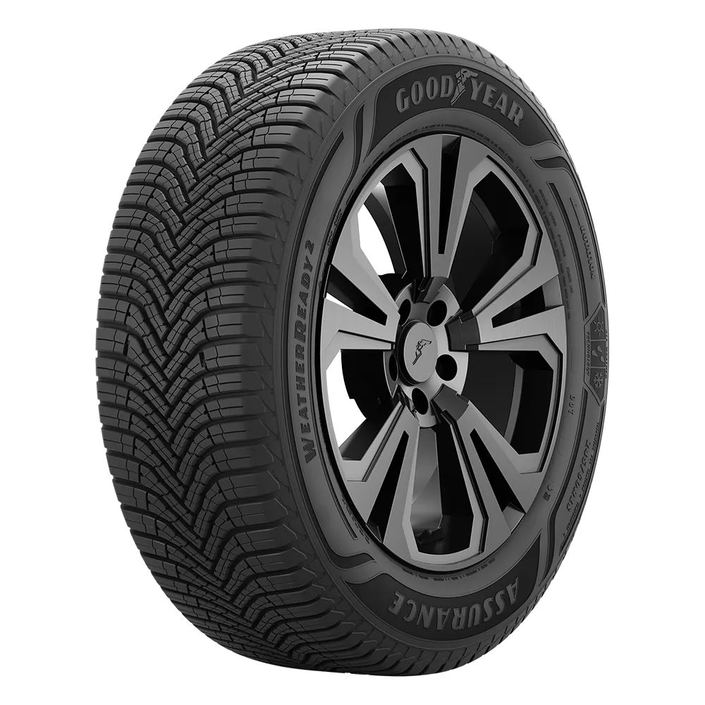 A black Goodyear Assurance WeatherReady 2 tire with a detailed tread pattern and a modern alloy wheel rim.