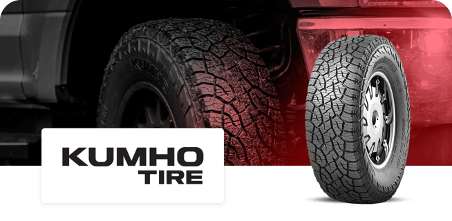 A Kumho tire displayed in front of a vehicle, featuring detailed tread patterns and a prominent Kumho Tire logo in the foreground.