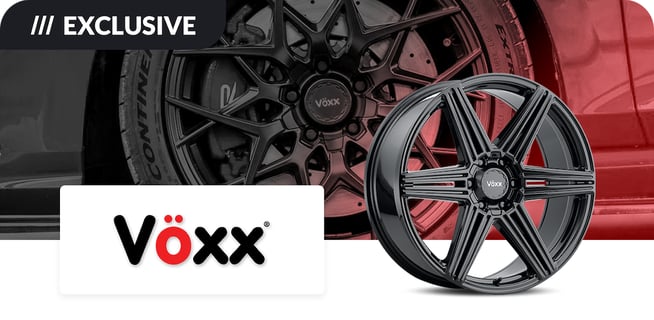Promotional image showcasing a Voxx alloy wheel with a close-up of the wheel on a car and the Voxx logo.