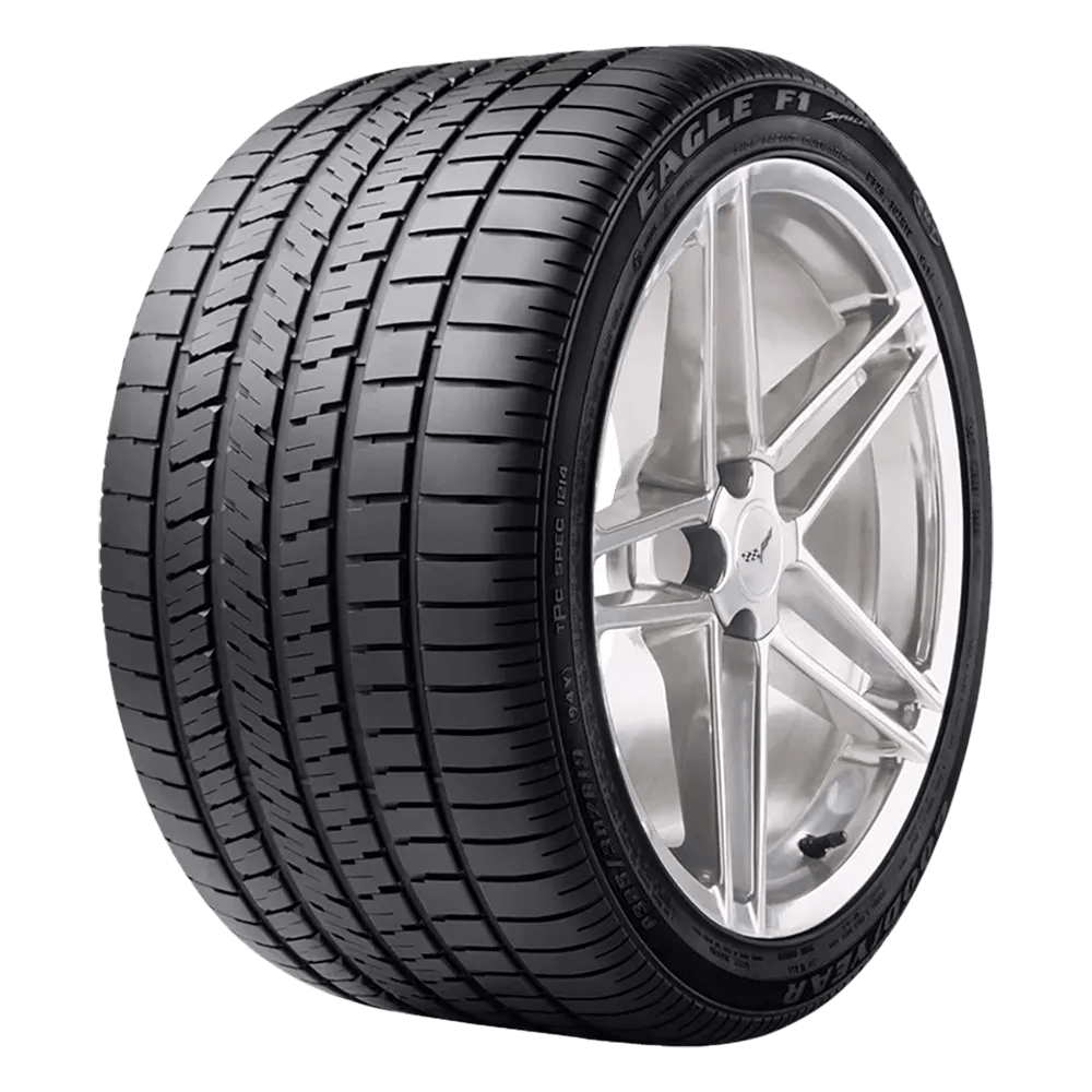 front side view of a goodyear eagle f1 supercar tire on a chrome rim. This is a grippy tire.