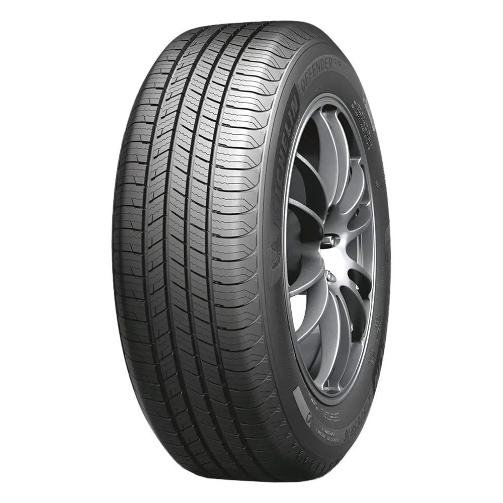 Front view of a Michelin defender T and h tire mounted on an aluminum alloy wheel.