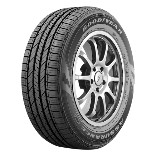 A Goodyear Assurance TripleTred All-Season tire showing its detailed tread pattern and sidewall design.