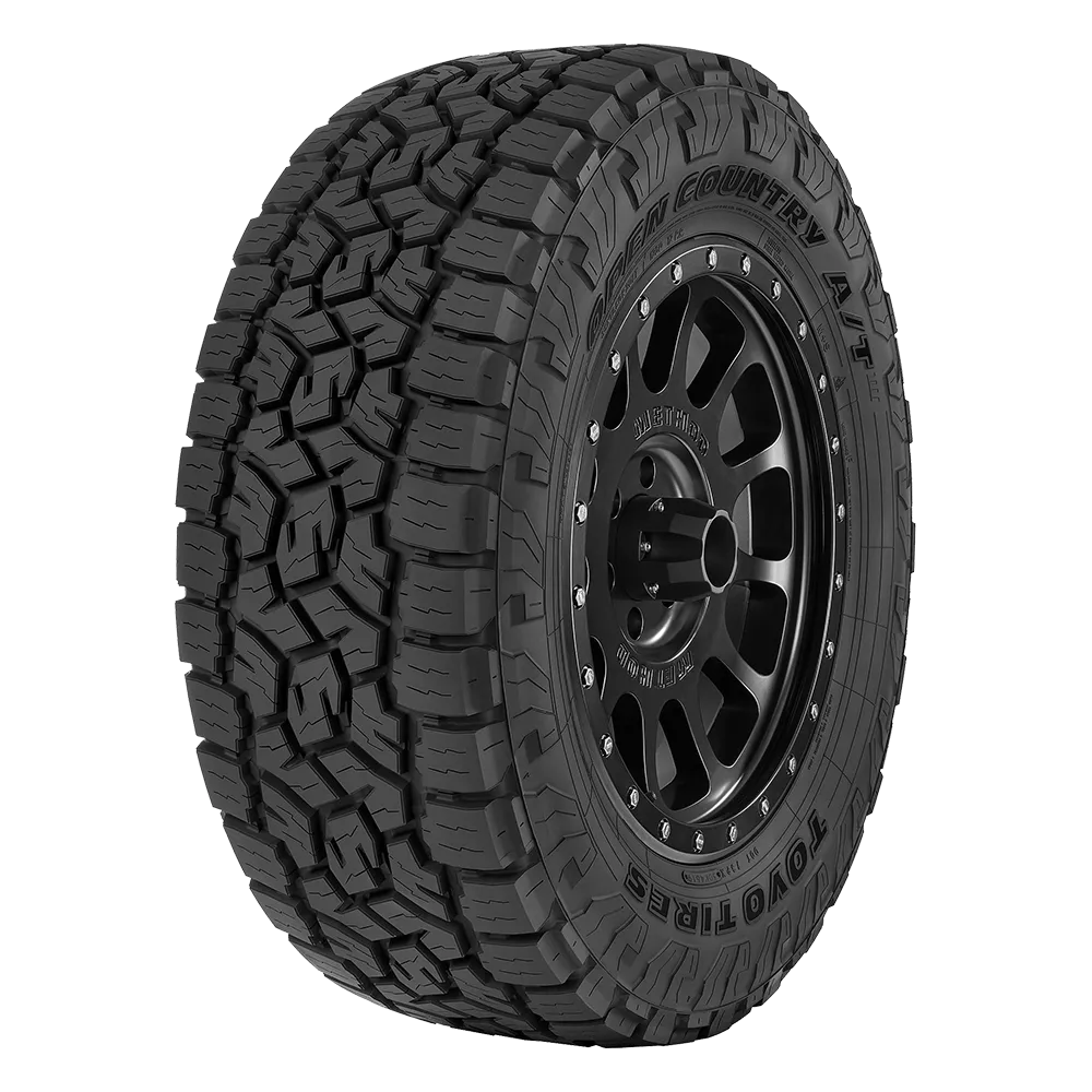 toyo open country is a rugged terrain all terrain all season tire, front right facing view on a black rim