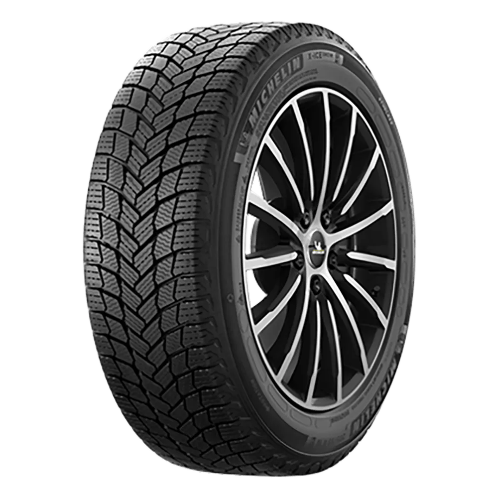 A right front side view of a Michelin X Ice Snow tire on a wheel with 14 spokes. 