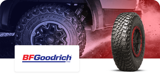 A BFGoodrich tire with rugged treads designed for off-road conditions, with the brand's logo displayed prominently.