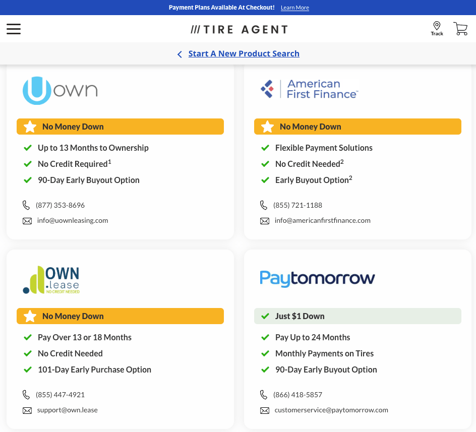 Screenshot of Tire Agent's PayPair options whoing Uown, American First Finance, Own.Lease and Paytomorrow. Plan availability changes. Check the finance page for the latest. 