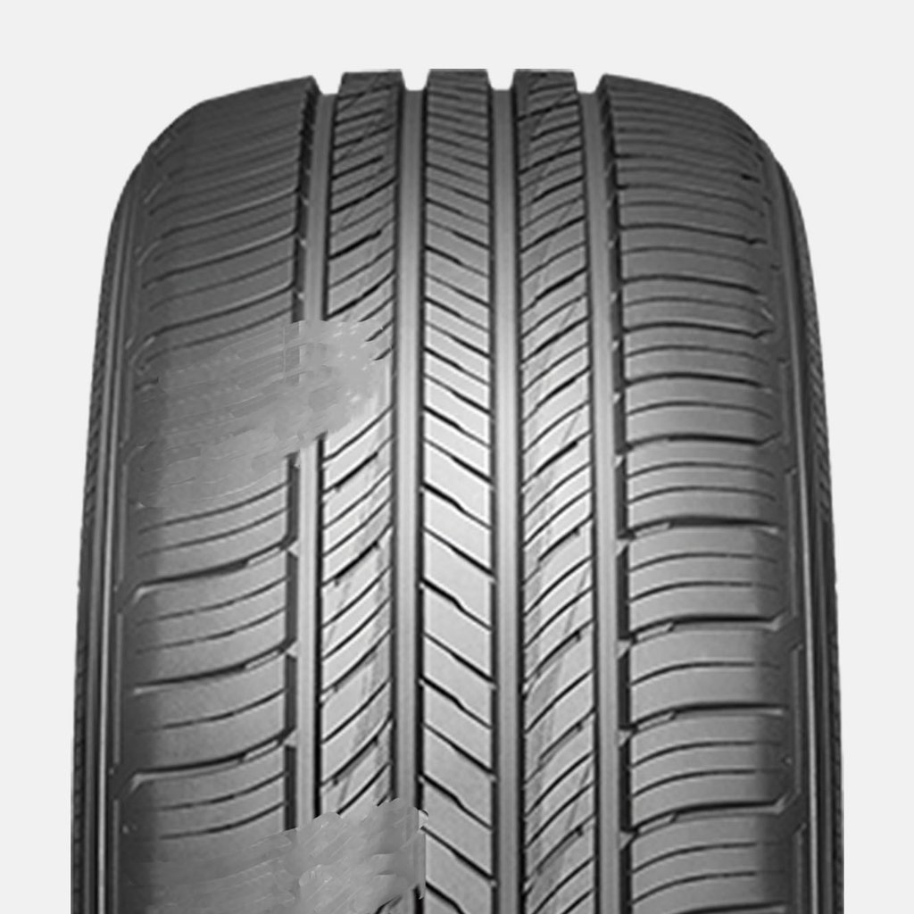 Close-up view of a car tire with detailed tread patterns, featuring longitudinal grooves and lateral zigzag sipes for traction and evidence of scalloping or cupping damage.