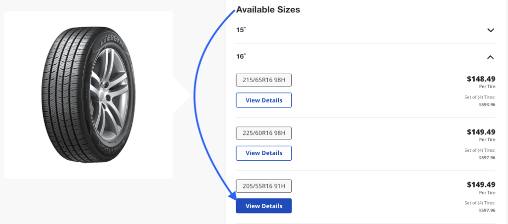 A blue arrow points from the Available Sizes to the View Details button.