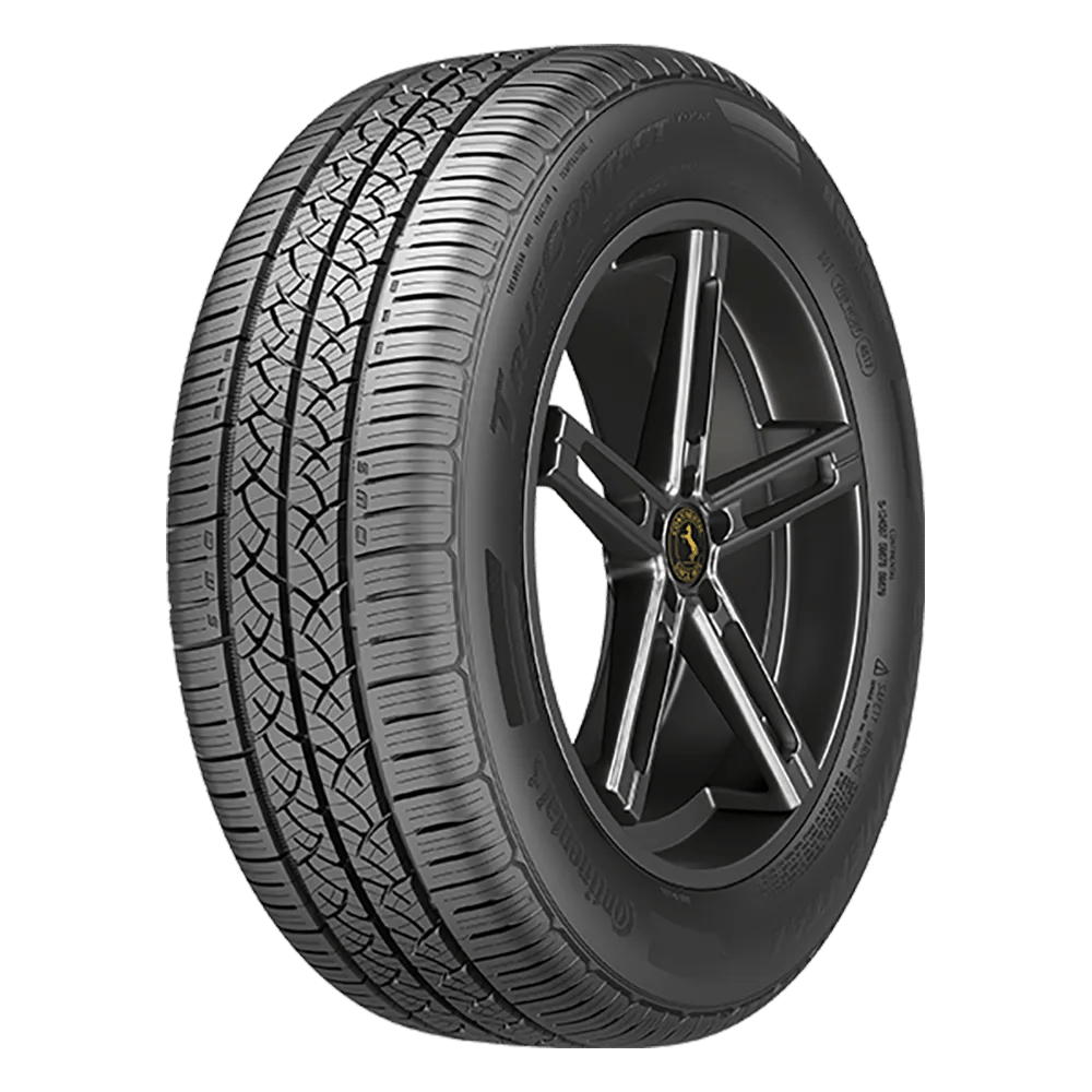 A black all-season car tire by Continental with a detailed tread pattern and a visible brand logo on the sidewall.