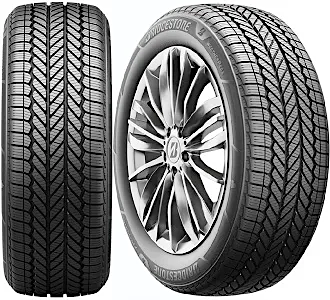 Two Bridgestone car tires, one showing the side profile and the other displaying the tread pattern.