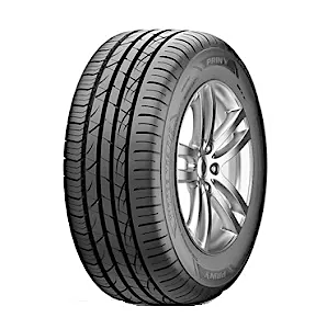 A Prinx car tire with a detailed tread pattern and a silver rim. Prinx HiRace for Subaru Impreza.
