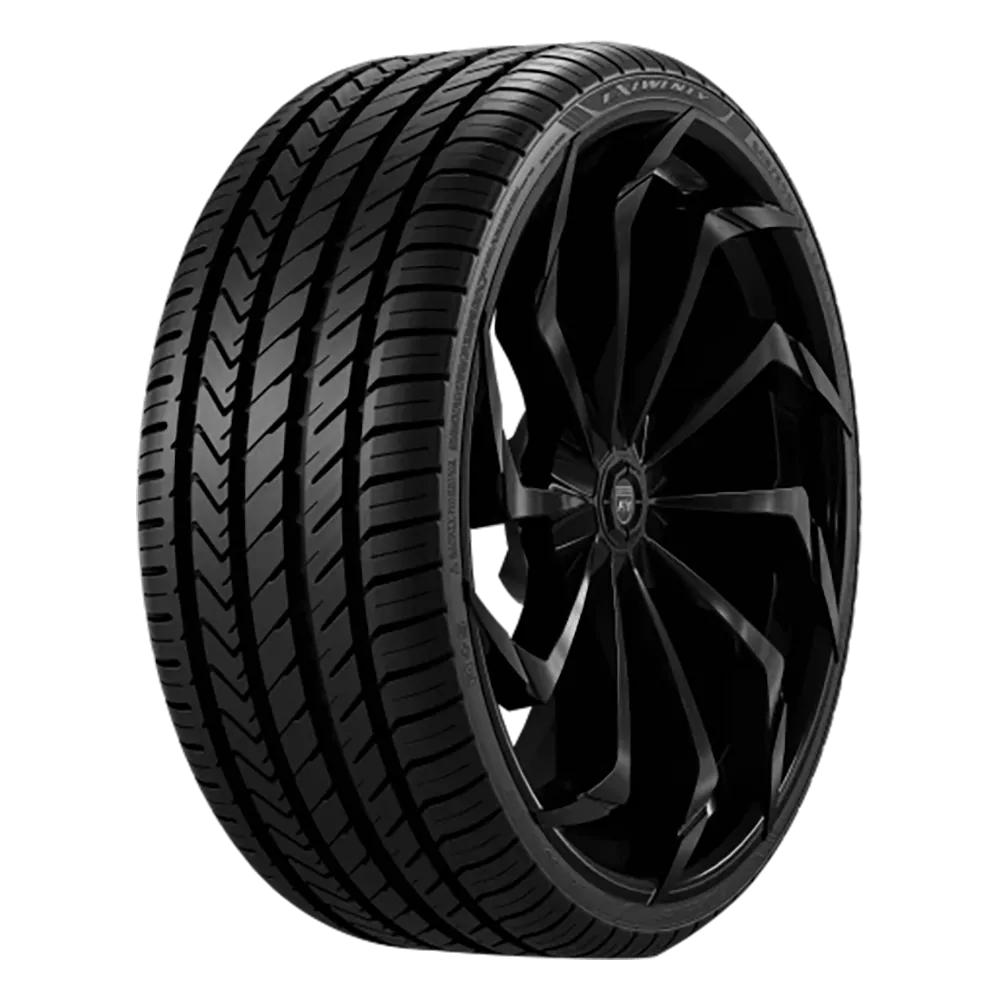 A black Lexani LX-Twenty car tire with detailed tread pattern and a stylish black wheel rim.