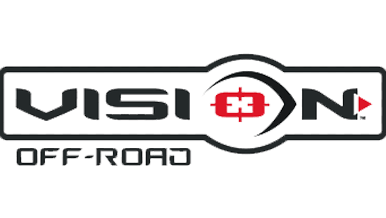 Logo of Vision Off-Road featuring stylized, bold text with a red circular element in the center of the word 'Vision.'