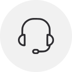 Simplified icon of a headset with a microphone on a gray circular background.