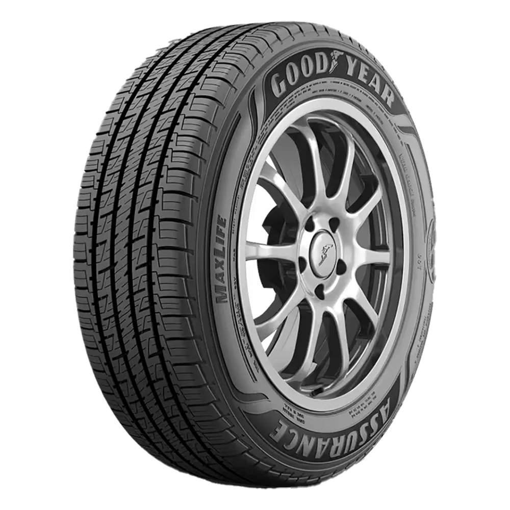 Front outside view of a Goodyear MaxLive tire on a multi-spoke aluminum alloy wheel