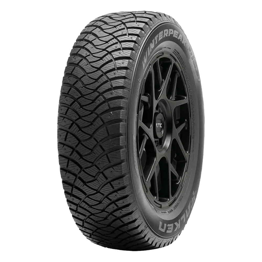 A right front side Falken WinterPeak F Ice 1 tire on a black rim. 