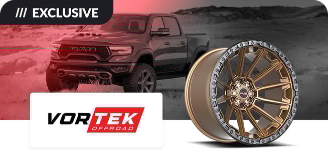 Image of a Vortek Offroad wheel in bronze finish next to a RAM pickup truck set in a desert landscape, labeled 'EXCLUSIVE.'