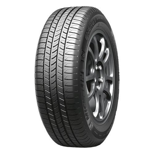 A black Michelin Energy Saver all season car tire with a radial tread pattern, mounted on a silver alloy wheel.